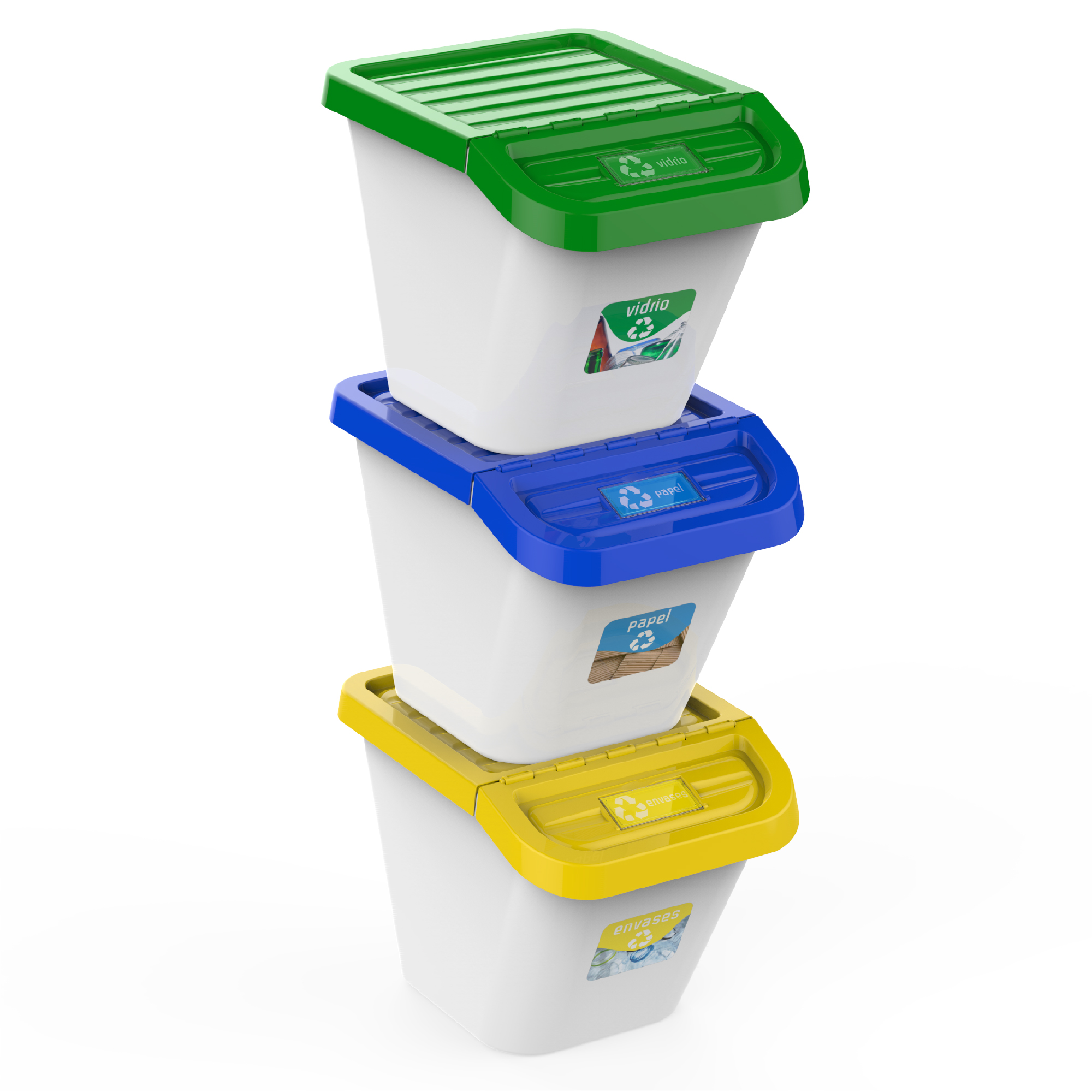 USE FAMILY Recycle Lote 4 Cubos de Basura de Reciclaje Apilables de 30 Litros para Cocina Papeleras con 4 Pegatinas Reciclaje Incluidas Para exterior e interior 